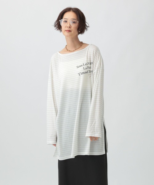 LEPSIM(レプシィム)の「シアーメランジボーダーロゴチュニック 579865(Tシャツ/カットソー・レディース・ベージュ/オフホワイト/ブラック・FREE)」の2枚目の写真