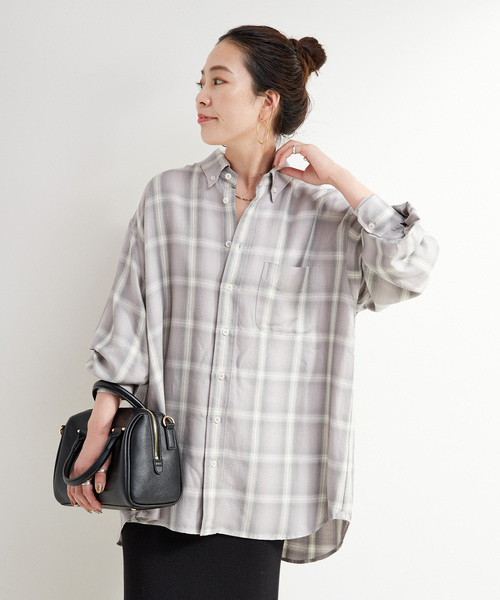 B.C STOCK（ベーセーストック）の「手洗い可 / フェザーチェックナーディーBDシャツ（シャツ/ブラウス・レディース・ベージュ/チャコールグレー・FREE）」の3枚目の写真