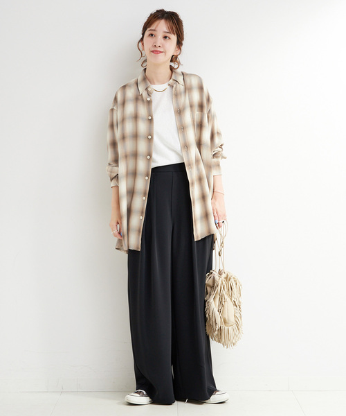 B.C STOCK（ベーセーストック）の「手洗い可 / フェザーチェックナーディーBDシャツ（シャツ/ブラウス・レディース・ベージュ/チャコールグレー・FREE）」の4枚目の写真