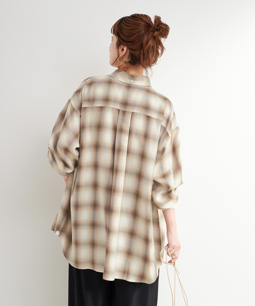 B.C STOCK（ベーセーストック）の「手洗い可 / フェザーチェックナーディーBDシャツ（シャツ/ブラウス・レディース・ベージュ/チャコールグレー・FREE）」の6枚目の写真