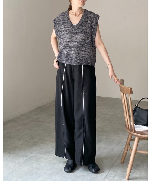 セール】ミドル丈深Vネックオーバーサイズミックスカラーニットベスト