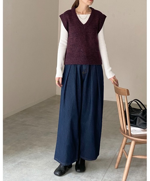 セール】ミドル丈深Vネックオーバーサイズミックスカラーニットベスト
