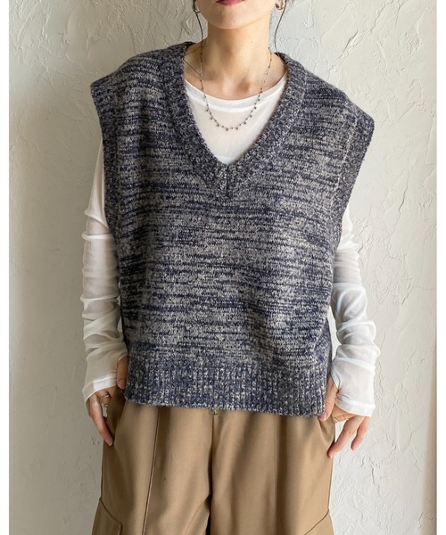 セール】ミドル丈深Vネックオーバーサイズミックスカラーニットベスト