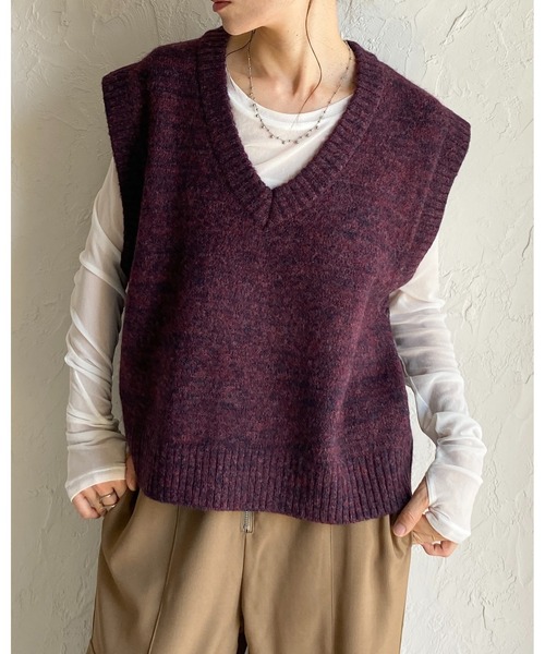 セール】ミドル丈深Vネックオーバーサイズミックスカラーニットベスト