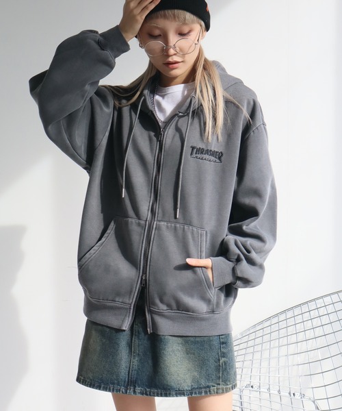 THRASHER（スラッシャー）の「【THRASHER/スラッシャー】裏起毛 ヴィンテージピグメント加工 ダブルジップアップパーカー（パーカー・メンズ・グレー/チャコール/ネイビー/ブラウン・L/XL/M）」の5枚目の写真