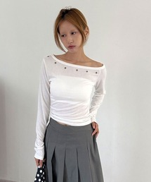 アイレット 無地 スリム オフショルダー クロップド ロングスリーブ Tシャツ