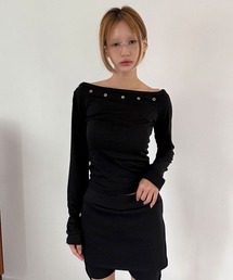 アイレット 無地 スリム オフショルダー クロップド ロングスリーブ Tシャツ