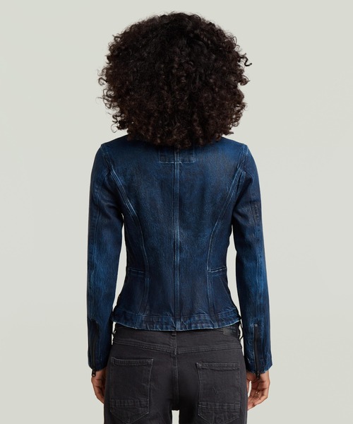 G-STAR(ジースター)の「Moto Slim Overshirt/シングルライダースタイプジップアップレザーライクデニムジャケット(デニムジャケット・レディース・ダークインディゴブルー・MEDIUM/SMALL/X-SMALL)」の2枚目の写真