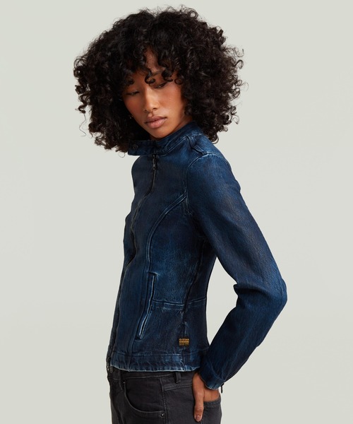 G-STAR(ジースター)の「Moto Slim Overshirt/シングルライダースタイプジップアップレザーライクデニムジャケット(デニムジャケット・レディース・ダークインディゴブルー・MEDIUM/SMALL/X-SMALL)」の5枚目の写真