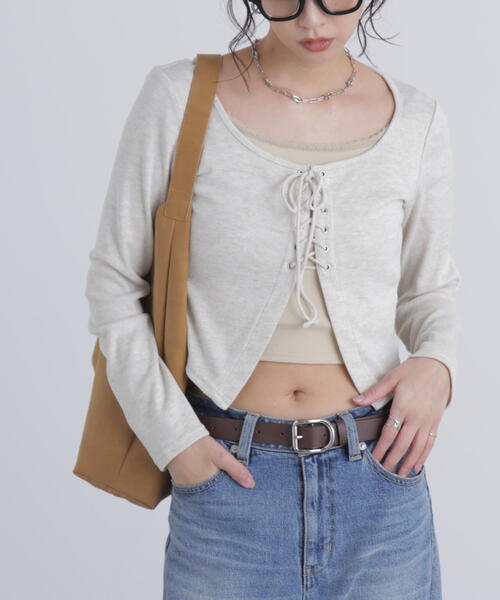 FREE'S MART（フリーズマート）の「◇レースアップレイヤード長袖カットソー（Tシャツ/カットソー・レディース・ブラック/グレー/ベージュ・FREE）」の3枚目の写真