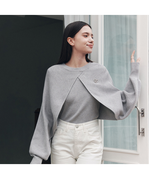 [2 Colors] Heart Pendant Bolero Knit Set