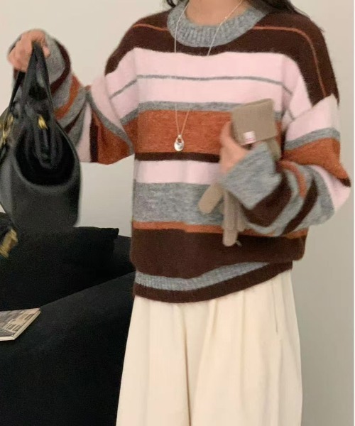 FINEnough(ファインナフ)の「カラフルボーダークルーネックニットトップス(ニット/セーター・レディース・ピンク/イエロー/グリーン・FREE)」の1枚目の写真
