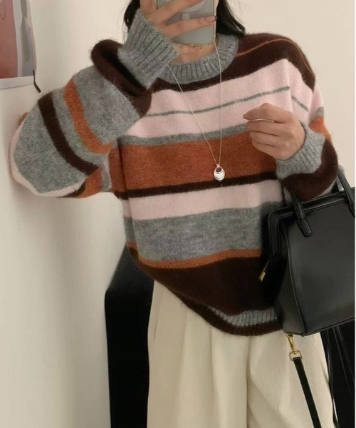 FINEnough(ファインナフ)の「カラフルボーダークルーネックニットトップス(ニット/セーター・レディース・ピンク/イエロー/グリーン・FREE)」の6枚目の写真