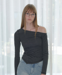 STRIPE ASYMMETRIC SHIRRING T-SHIRT [GRAY]