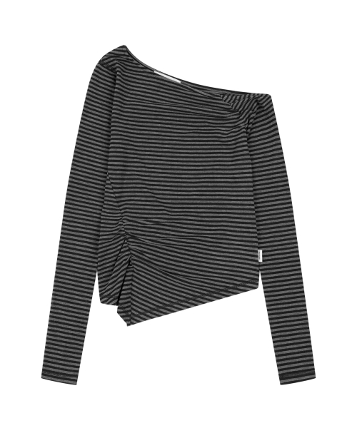 ORDINARY HOLIDAY（オーディナリー ホリデー）の「STRIPE ASYMMETRIC SHIRRING T-SHIRT [GRAY]（Tシャツ/カットソー・レディース・その他・FREE）」の2枚目の写真