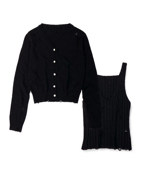 FLATWAVE IN SEOUL(フラットウェーブインソウル)の「Bask Damaged Cardigan/Sleeveless Set Black(カーディガン/ボレロ・レディース・その他・FREE)」の1枚目の写真
