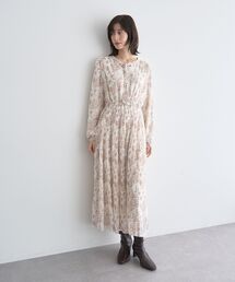 ボタニカル柄ボウタイプリーツワンピース