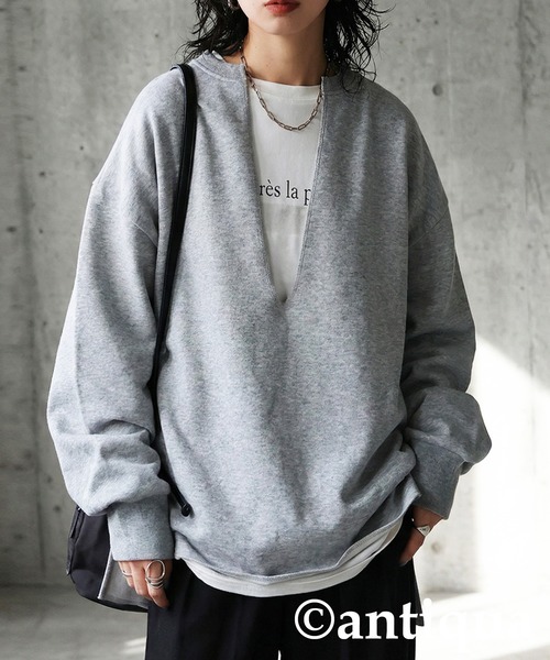 antiqua(アンティカ)の「裏起毛 スキッパー プルオーバー(Tシャツ/カットソー・レディース・ブラック/グレー系その他/杢グレー/アイボリー・ONESIZE)」の1枚目の写真