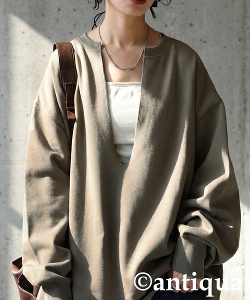 antiqua(アンティカ)の「裏起毛 スキッパー プルオーバー(Tシャツ/カットソー・レディース・ブラック/グレー系その他/杢グレー/アイボリー・ONESIZE)」の4枚目の写真