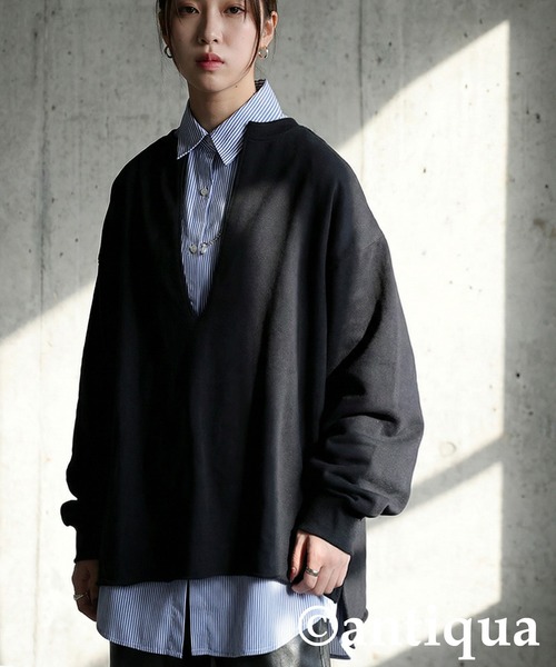 antiqua(アンティカ)の「裏起毛 スキッパー プルオーバー(Tシャツ/カットソー・レディース・ブラック/グレー系その他/杢グレー/アイボリー・ONESIZE)」の3枚目の写真