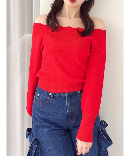 dazzlin(ダズリン)の「オフショルスカラップハートニット(ニット/セーター・レディース・ピンク/レッド/ネイビー/ミント/オフホワイト・FREE)」の5枚目の写真