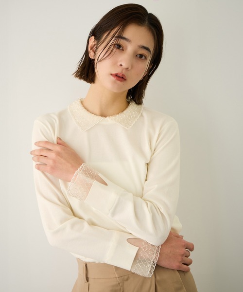 ROPE'(ロペ)の「ビジューレース襟ニットプルオーバー/イージーケア(ニット/セーター・レディース・ブラック/オフホワイト・FREE)」の2枚目の写真