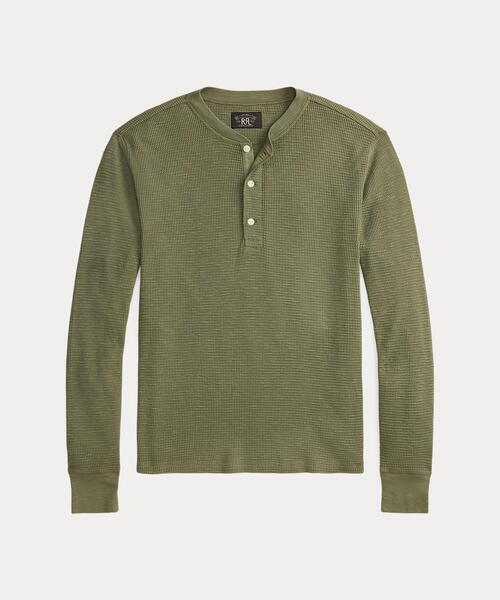 RRL(ダブル アール エル)の「ガーメントダイド ワッフルニット ヘンリーネック シャツ(Tシャツ/カットソー・メンズ・グリーン・L/XXL/XS/XL/S/M)」の1枚目の写真
