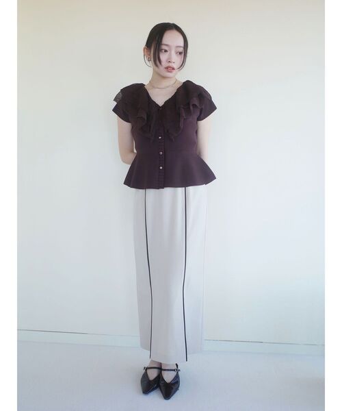 LAGUNAMOON(ラグナムーン)の「メッシュフリルペプラムニットプルオーバー 【夏服】【半袖】【シアートップス】(ニット/セーター・レディース・ブラウン/ホワイト/ブルー・FREE)」の7枚目の写真