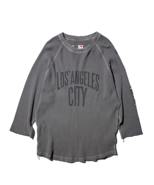 C.E.L.STORE(セルストア)の「I LOVE LA / アイラブエルエー 3/4 SLEEVE PRINTED WAFFLE TEE ダメージ加工 7分丈 ワッフル サーマルカットソー(Tシャツ/カットソー・メンズ・ブラック系その他/ブラック/ナチュラル・MEDIUM/LARGE)」の16枚目の写真
