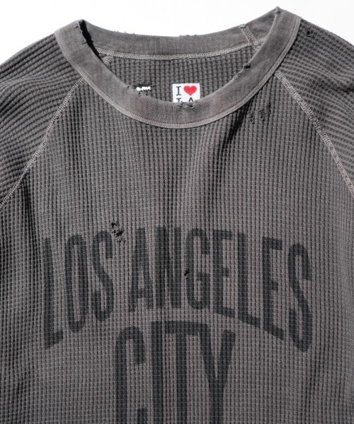 C.E.L.STORE(セルストア)の「I LOVE LA / アイラブエルエー 3/4 SLEEVE PRINTED WAFFLE TEE ダメージ加工 7分丈 ワッフル サーマルカットソー(Tシャツ/カットソー・メンズ・ブラック系その他/ブラック/ナチュラル・MEDIUM/LARGE)」の18枚目の写真