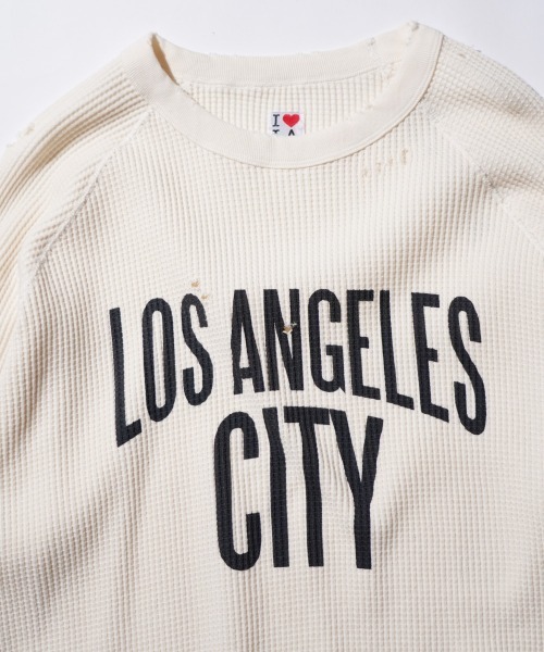 C.E.L.STORE(セルストア)の「I LOVE LA / アイラブエルエー 3/4 SLEEVE PRINTED WAFFLE TEE ダメージ加工 7分丈 ワッフル サーマルカットソー(Tシャツ/カットソー・メンズ・ブラック系その他/ブラック/ナチュラル・MEDIUM/LARGE)」の15枚目の写真