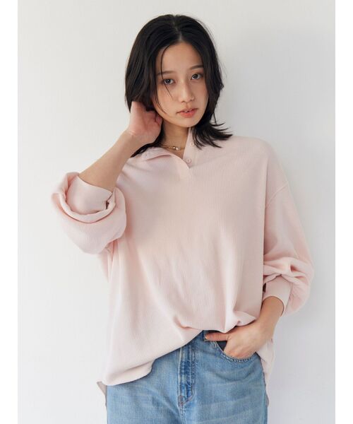 Ungrid(アングリッド)の「【WEB限定】ワッフルヘンリーネックロングスリーブTee(Tシャツ/カットソー・レディース・ピンク/チャコールグレー/アイボリー・FREE)」の4枚目の写真