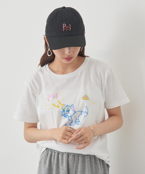PoI(ポイ)の「【PoI】Print tee S/S cat UFO Tシャツ ネコ/ねこ(Tシャツ/カットソー・レディース・ピンク/ホワイト/ベージュ・FREE)」の1枚目の写真
