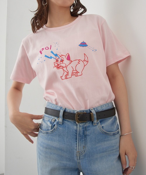 PoI(ポイ)の「【PoI】Print tee S/S cat UFO Tシャツ ネコ/ねこ(Tシャツ/カットソー・レディース・ピンク/ホワイト/ベージュ・FREE)」の3枚目の写真
