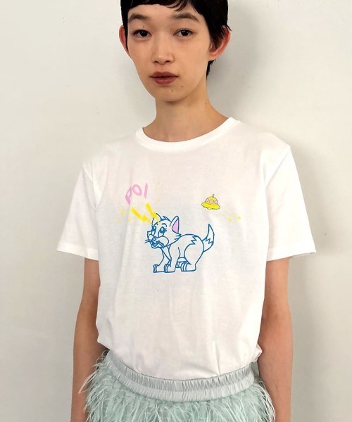PoI(ポイ)の「【PoI】Print tee S/S cat UFO Tシャツ ネコ/ねこ(Tシャツ/カットソー・レディース・ピンク/ホワイト/ベージュ・FREE)」の4枚目の写真