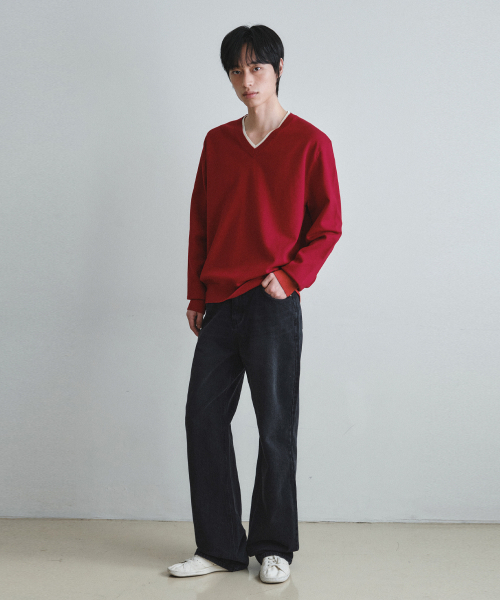 WEDNESDAY OASIS(ウェンズデーオアシス)の「ウォッシャブルダブルレイヤードVネックニット_RED(WC26KN34)(ニット/セーター・メンズ・レッド・MEDIUM/LARGE/X-LARGE)」の3枚目の写真