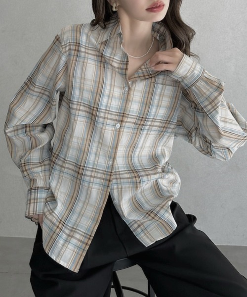 TREOVER(トレオーバー)の「ゆったりシルエットが魅力のオーバーサイズチェックシャツ(シャツ/ブラウス・レディース・ピンク/ブラウン/オフホワイト/ブルー・FREE)」の1枚目の写真