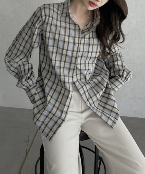 TREOVER(トレオーバー)の「ゆったりシルエットが魅力のオーバーサイズチェックシャツ(シャツ/ブラウス・レディース・ピンク/ブラウン/オフホワイト/ブルー・FREE)」の6枚目の写真