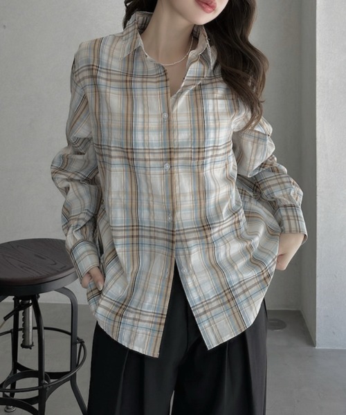 TREOVER(トレオーバー)の「ゆったりシルエットが魅力のオーバーサイズチェックシャツ(シャツ/ブラウス・レディース・ピンク/ブラウン/オフホワイト/ブルー・FREE)」の13枚目の写真