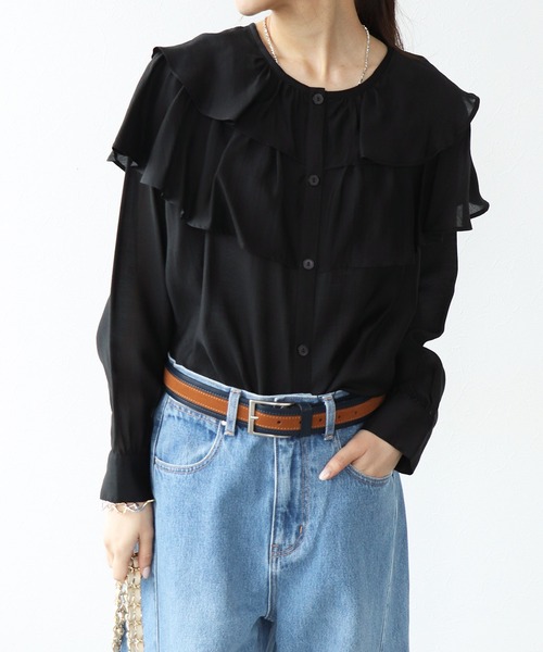 Jines（ジネス）の「ラッフルフリルブラウス（シャツ/ブラウス・レディース・ブラック/ベージュ/ホワイト・38）」の3枚目の写真