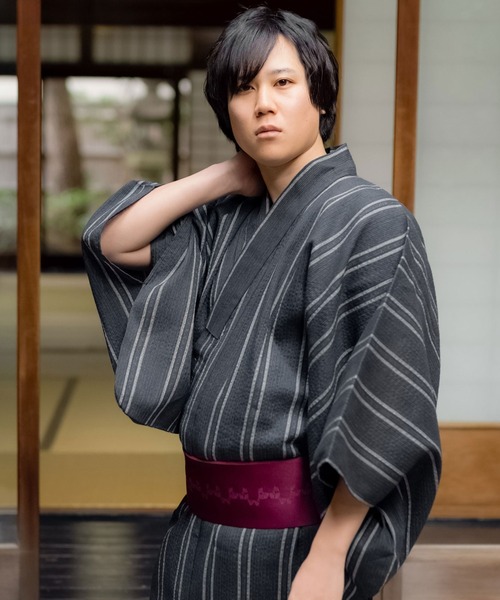 メンズ浴衣3点セット（浴衣＋角帯＋腰紐）しじら生地 リサイクル糸 綿ポリエステル S/M/L/LL