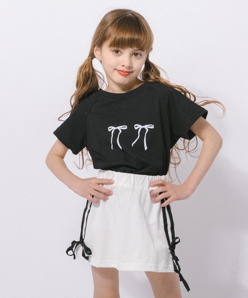 2点セット】リボンプリントTシャツ＋サイドラインスカート（Tシャツ 