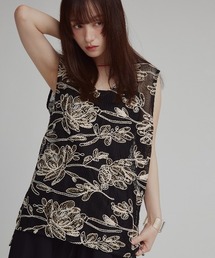 【W:Huku / メッシュ エンブロイダリー】ノースリーブ シアートップス / Mesh Embroidered Sleeveless Top
