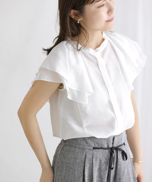 La TOTALITE(ラトータリテ)の「【洗える】ラッフルスリーブシャツ(シャツ/ブラウス・レディース・ブルー系その他/サックスブルー/ホワイト・FREE)」の9枚目の写真
