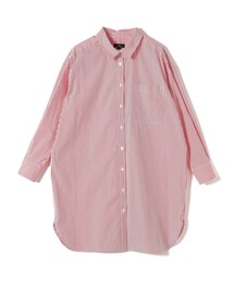 SHIPS Primary Navy Label:綿 ナイロン ストライプ ロング シャツ