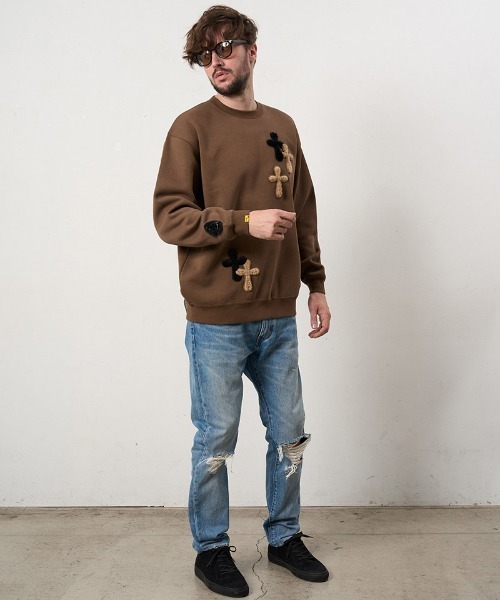 STUD MUFFIN（スタッドマフィン）の「msw1882- T-C裏毛起毛 ファー-ムックボアミックスパッチワークスエットシャツ(624-02917)（スウェット・メンズ・アッシュ/ブラック/ブラウン・4/3/2）」の20枚目の写真