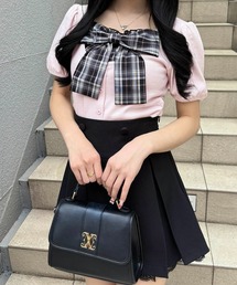 チェックリボンレイヤード風リブトップス