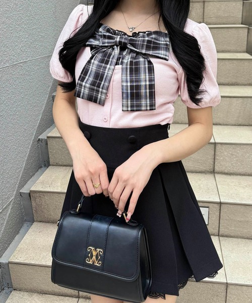 INGNI(イング)の「チェックリボンレイヤード風リブトップス(Tシャツ/カットソー・レディース・ブラック/ライトピンク/オフホワイト・M)」の1枚目の写真