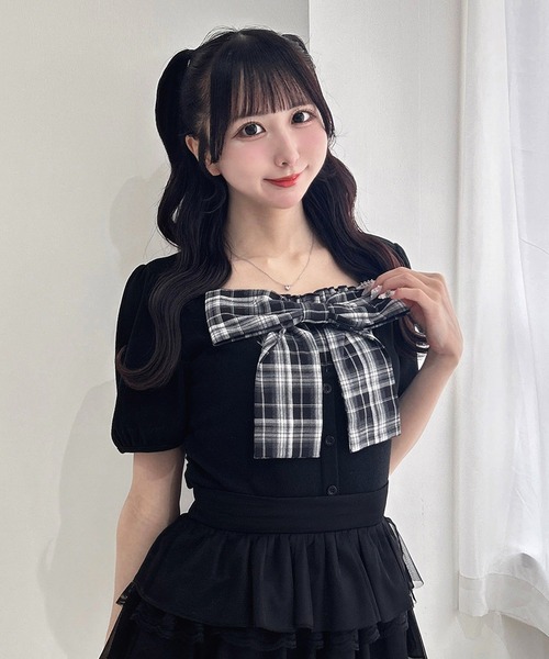 INGNI(イング)の「チェックリボンレイヤード風リブトップス(Tシャツ/カットソー・レディース・ブラック/ライトピンク/オフホワイト・M)」の3枚目の写真