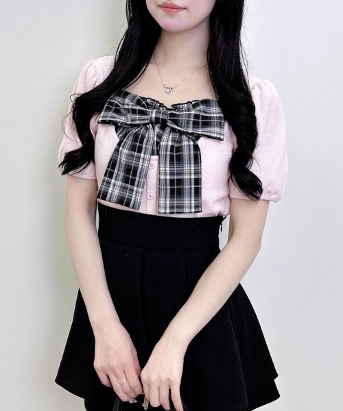 INGNI(イング)の「チェックリボンレイヤード風リブトップス(Tシャツ/カットソー・レディース・ブラック/ライトピンク/オフホワイト・M)」の19枚目の写真